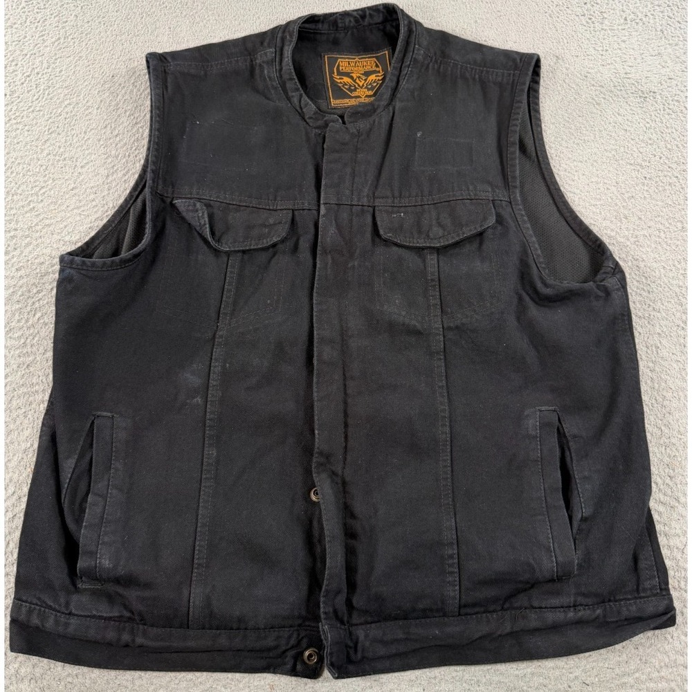 Milwaukee Performance Biker Vest Men's 2XL Black Denim Zipper Snap Grunge